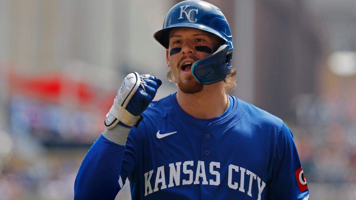 Kansas City Royals shortstop Bobby Witt (7) celebrates after hitting a solo home run against the Minnesota Twins in the third inning at Target Field.