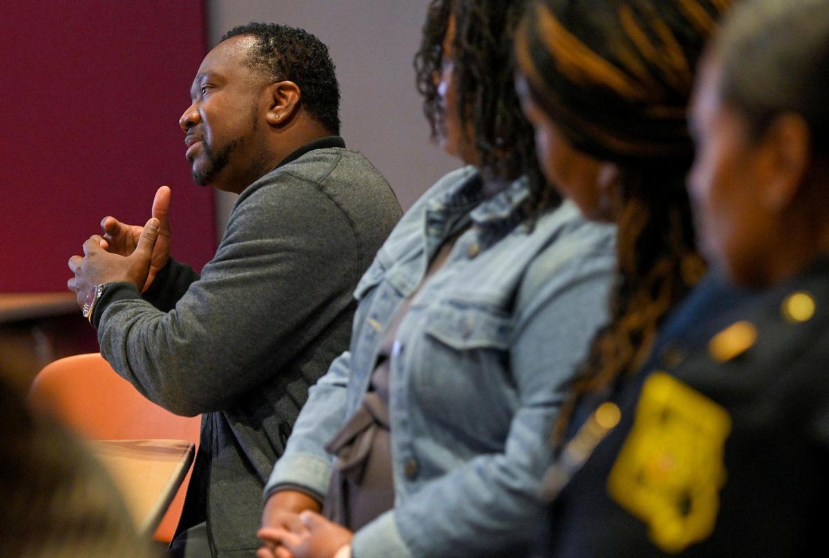 Damon Daniel of Ad Hoc Group Against Crime, offers some suggestions for families if a loved one goes missing during “Black and Missing,” a community discussion Saturday, Nov. 18, 2022, about missing Black women and the police and media response to the issue. The event was hosted by Shirley’s Kitchen Cabinet and Hot 103 Jamz at the Lucille Bluford Branch Libray in Kansas City.