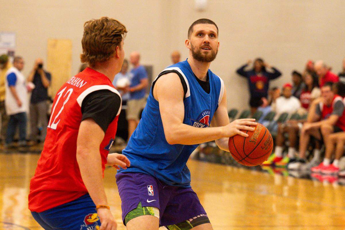 Svi Mykhailiuk pulls up for a jump shot during the Rock Chalk Roundball Classic at Free State High in Lawrence, Kansas on Thursday, June 4, 2026.