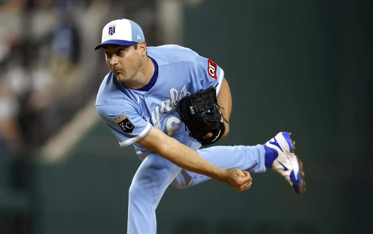 Seth Lugo #67 of the Kansas City Royals pitches against the Texas Rangers during the second inning at Globe Life Field on May 30, 2026 in Arlington, Texas.