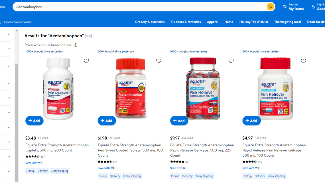 Examples of Equate acetaminophen sold by Walmart.