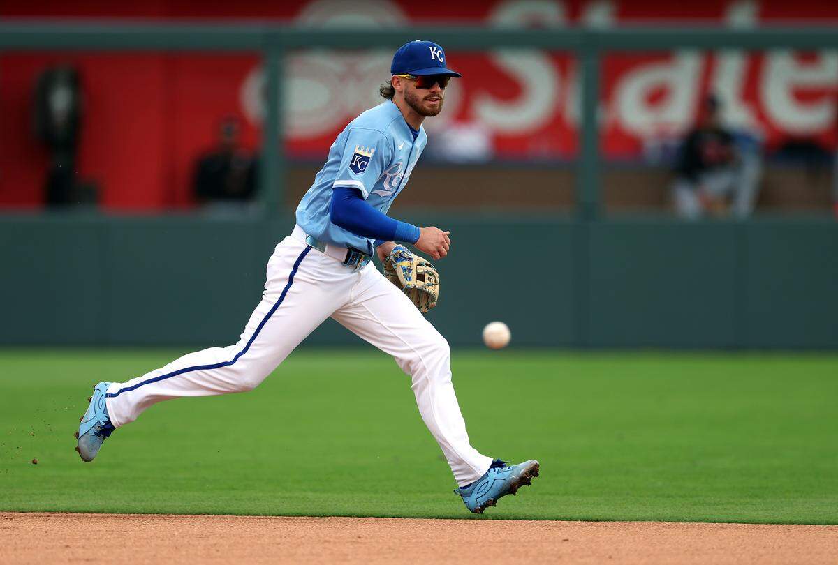 Royals shortstop Bobby Witt Jr. fields a ground ball during a game against the Minnesota Twins at Kauffman Stadium on Thursday, April 2, 2026 in Kansas City.
