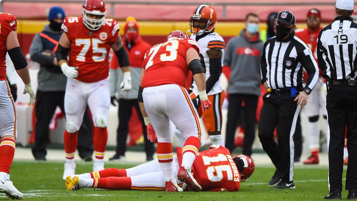 Kansas City Chiefs quarterback Patrick Mahomes lies on the ground after taking a hard hit in the third quarter from the Cleveland Browns Sunday, January 17, 2021, at Arrowhead Stadium in Kansas City, Missouri.
