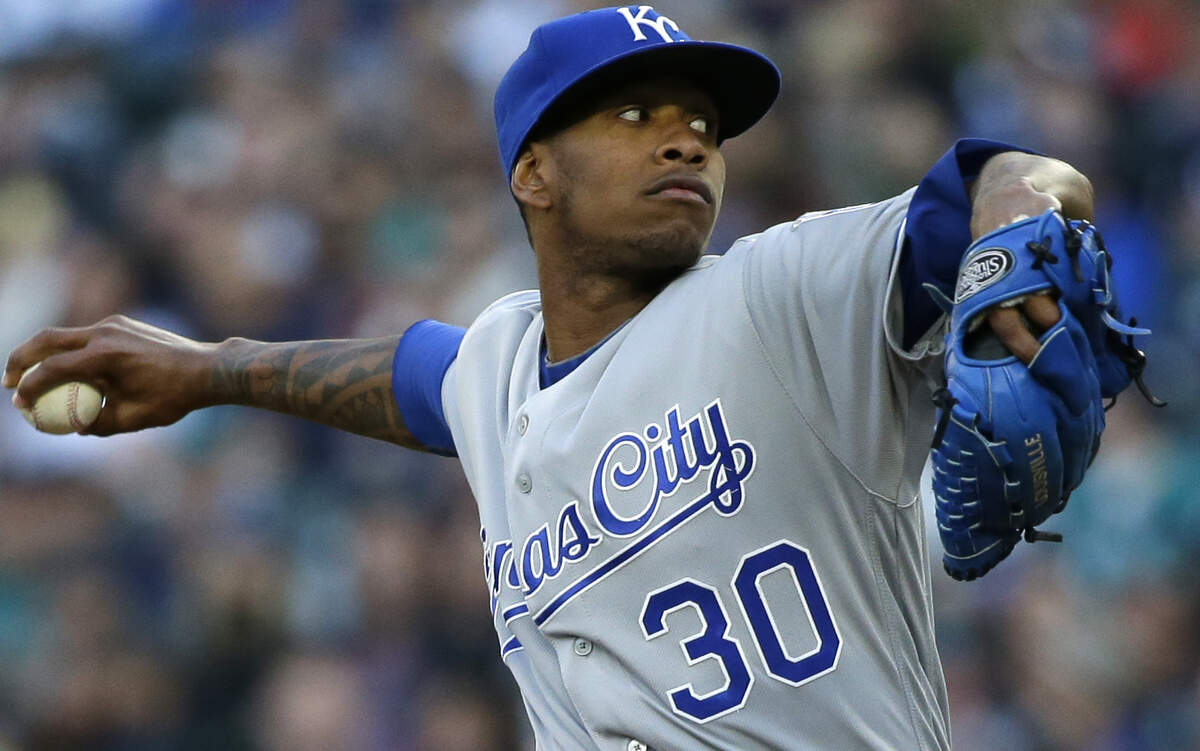 Kansas City Royals starting pitcher Yordano Ventura throws against the Seattle Mariners during the first inning of a baseball game, Saturday, April 30, 2016, in Seattle. 