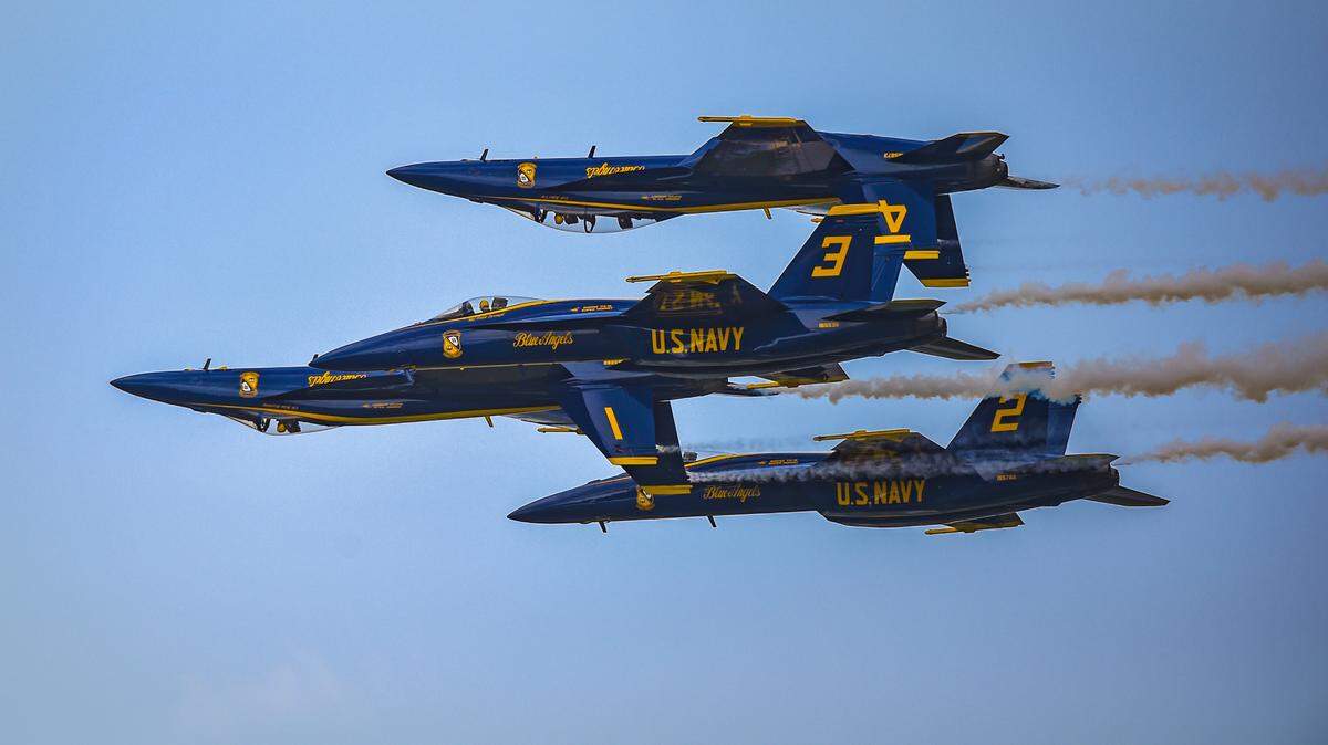 The U.S Navy Blue Angels flying in the F/A-18E/F Super Hornets performed aerial maneuvers at the KC Air Show Saturday, July 3, at the New Century AirCenter in Gardner, Kansas. 