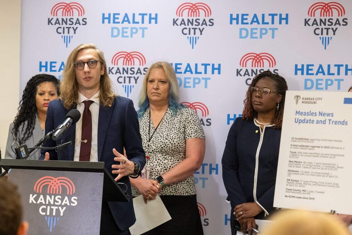 Alex Francisco, Chief Science Officer, discusses Kansas City’s measles preparedness during a press conference Tuesday, April 29, 2025, at the Kansas City Health Department.