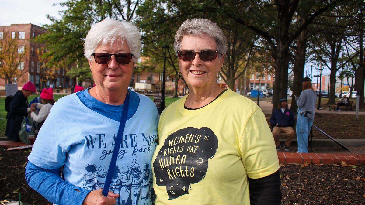 Barbara Lanning, 71, and Stephanie Myers, 71, of Lawson, Missouri, participated in a march for reproductive rights on Nov. 2, 2024.