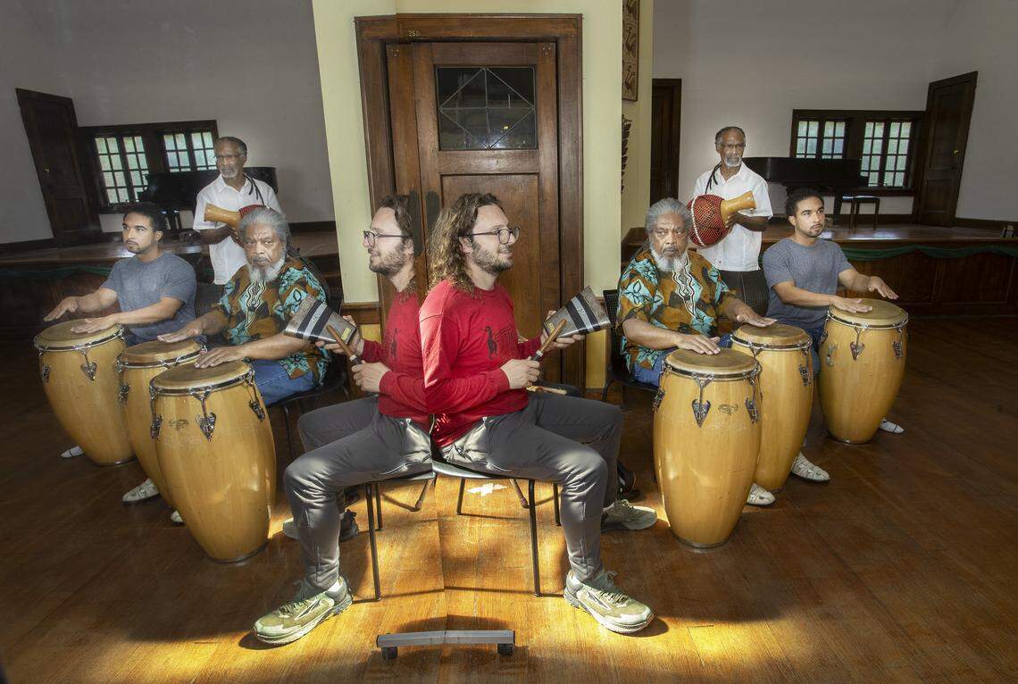 Matt DeCapo (center, red shirt) on the Comana, "Igbo" on the Conga drums, Xavier Fleming on Conga drums and Bird Fleming on the Shekere, provided the beat for the Traditional Music Society Afro Cuban dance class, Saturday, October 4, 2025 at St. Mark's Hope and Peace Lutheran Church in Kansas City.