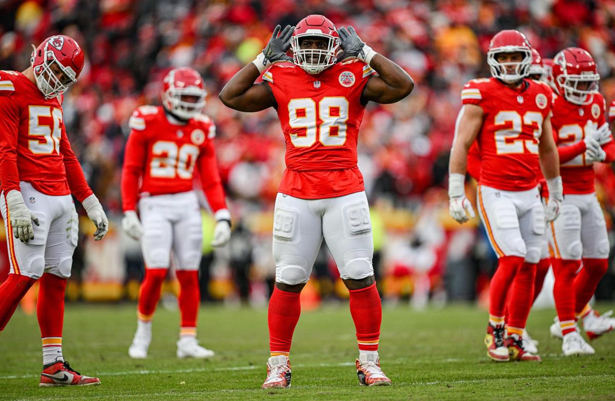 Kansas City Chiefs defensive tackle Tershawn Wharton (98) signals for the crowd to get louder in the first half against the Houston Texans during the AFC Divisional Round playoff game on Saturday, Jan. 18, 2025, at GEHA Field at Arrowhead Stadium.