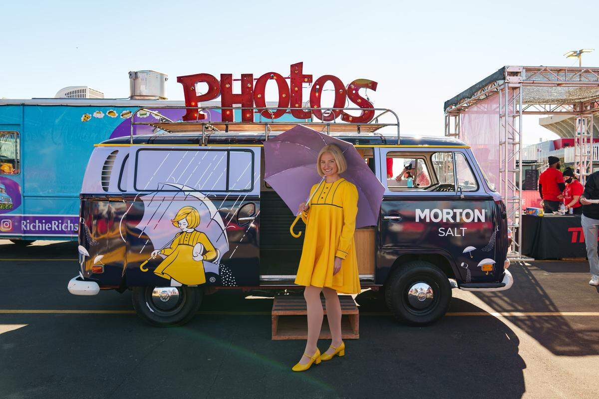 The Morton Salt Girl met Kansas City Chiefs fans last month before the Raiders game at GEHA Field at Arrowhead Stadium.