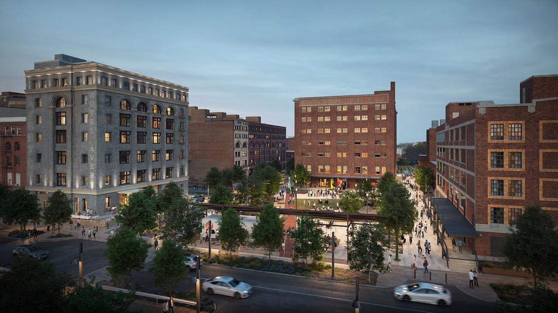 Aerial rendering of phase 1 of SomeraRoad’s $527 million redevelopment of the West Bottoms to include a new public plaza, a 40-room hotel (left), apartments (center) and office and retail (right).
