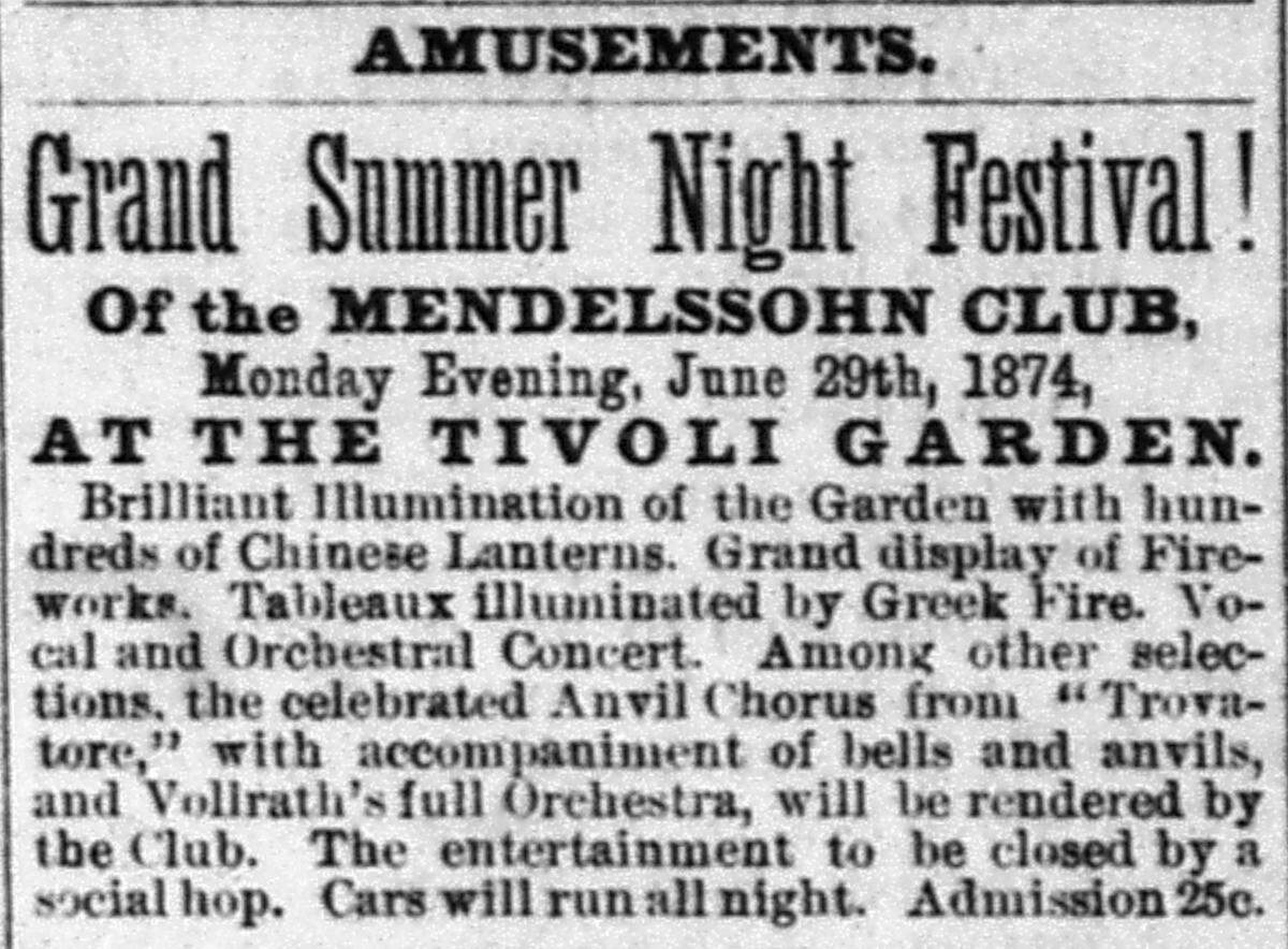 Advertisement for a festival at Tivoli Garden in The Kansas City Journal of Commerce, June 27, 1874.​