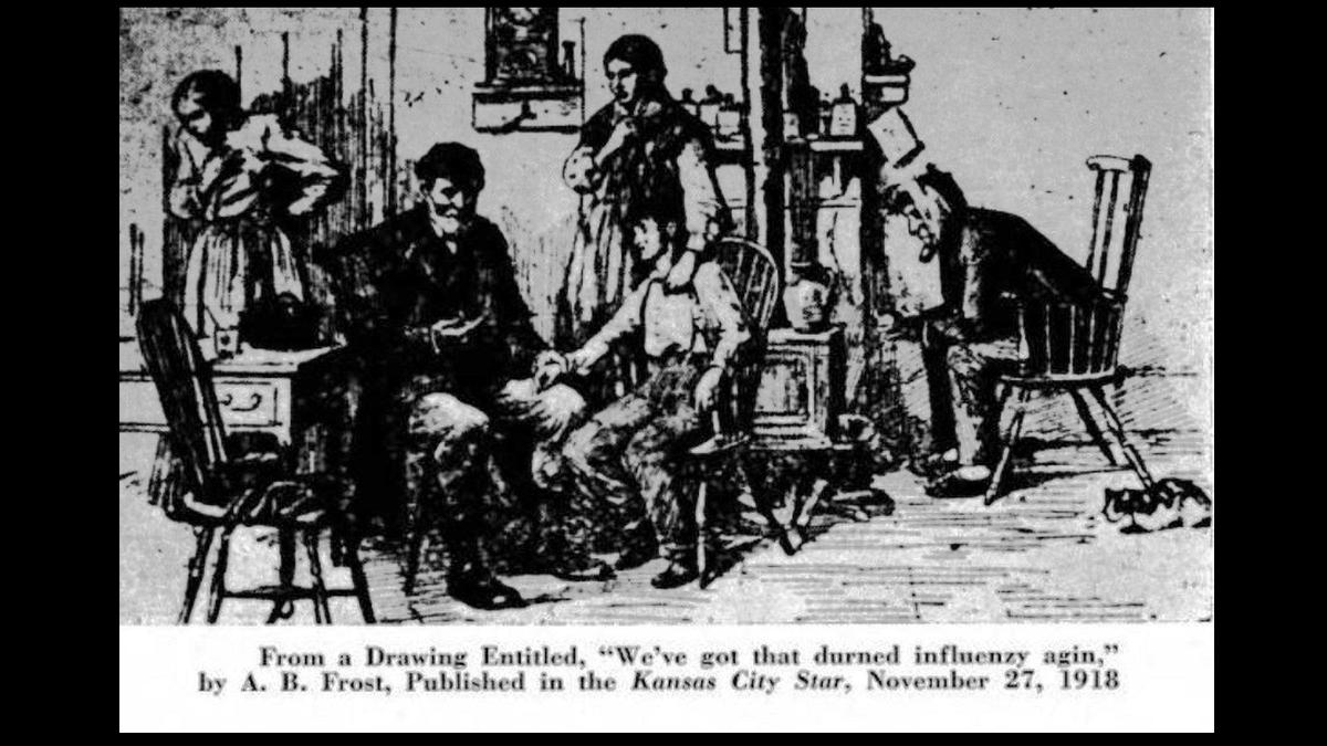 A drawing published in The Star in late November 1918 made commentary on the return of the influenza epidemic that had almost been eradicated weeks before.