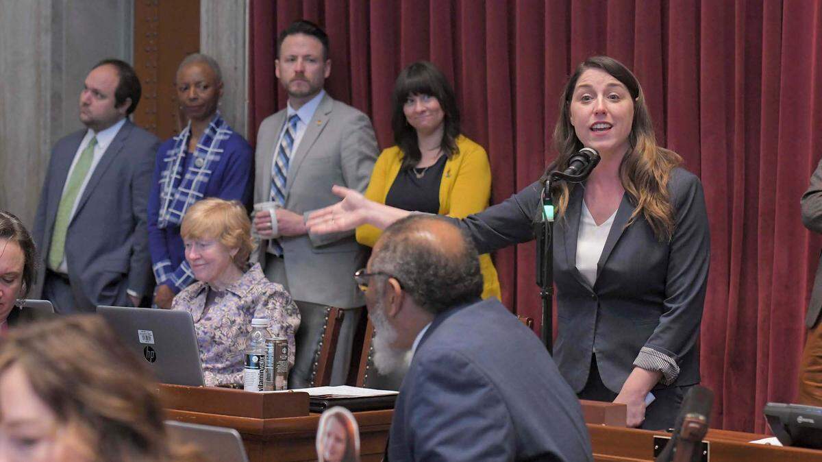 House Minority Leader Crystal Quade, a Springfield Democrat, speaks on the Missouri House floor.