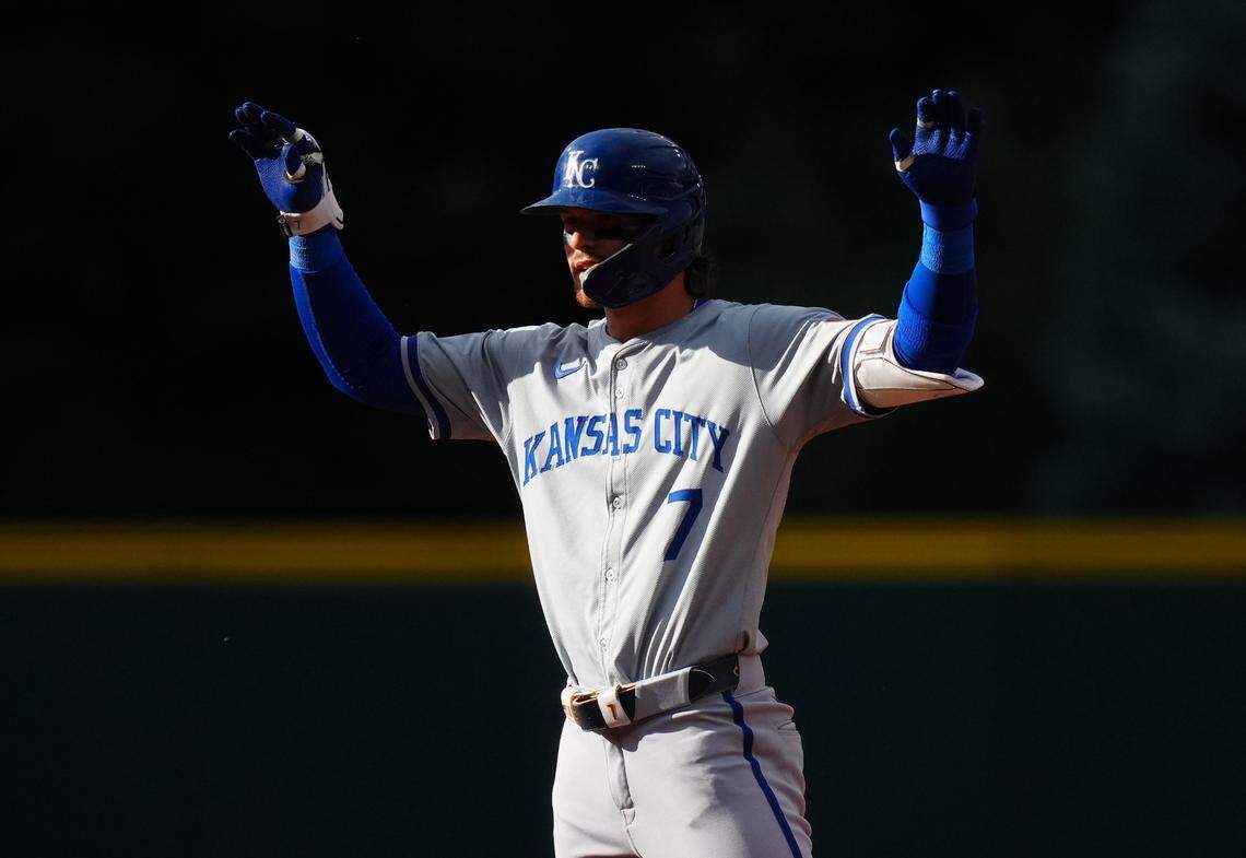 Kansas City Royals shortstop Bobby Witt Jr. (7) celebrates his double in the first inning against the Colorado Rockies at Coors Field on July 5, 2024.