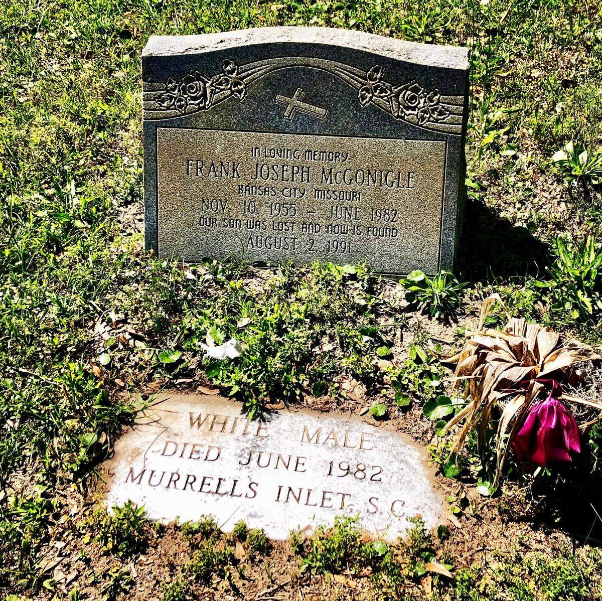 Frank McGonigle was buried in the town where he was murdered — Murrells Inlet, South Carolina. His grave has two markers, a simple one provided by Georgetown County and another placed by Frank’s parents.