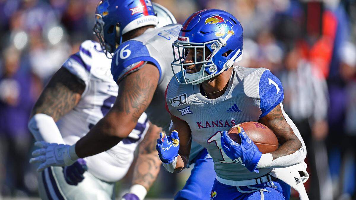 Kansas running back Pooka Williams gained 61 yards on 14 carries against Kansas State on Nov. 2, 2019, at Booth Memorial Stadium in Lawrence.