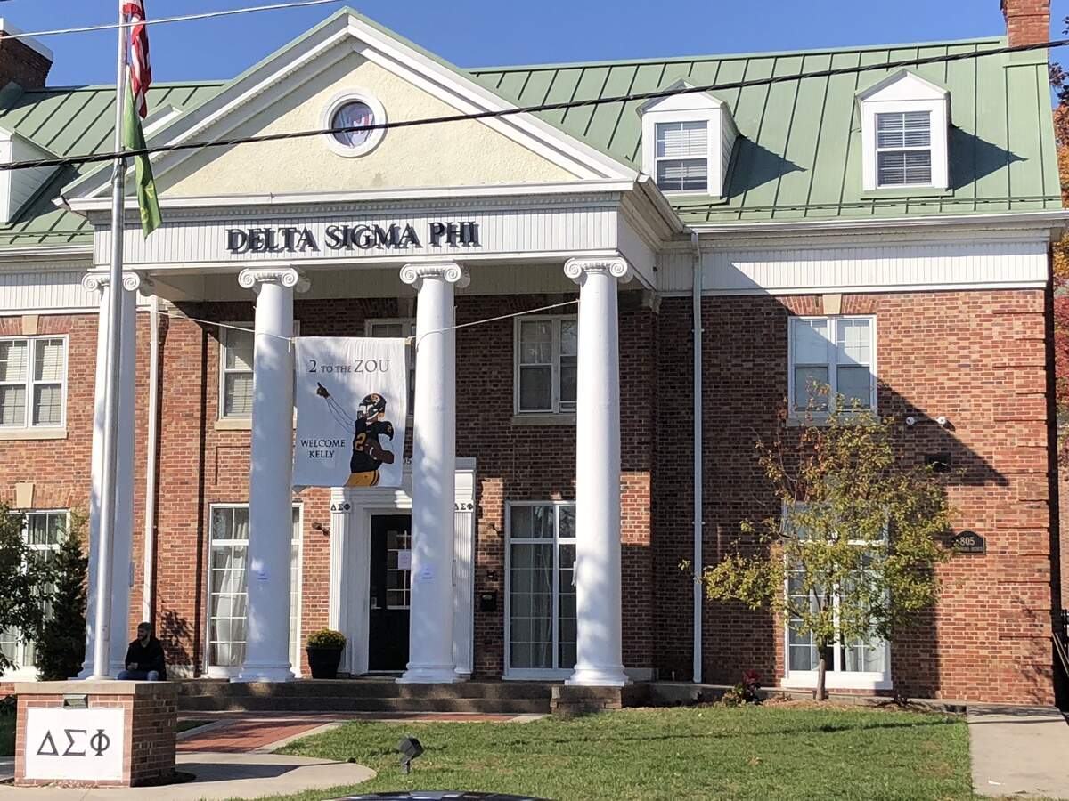 A banner hanging from the Delta Sigma Phi house in Columbia featured a drawing of football recruit Kelly Bryant in a MU jersey.