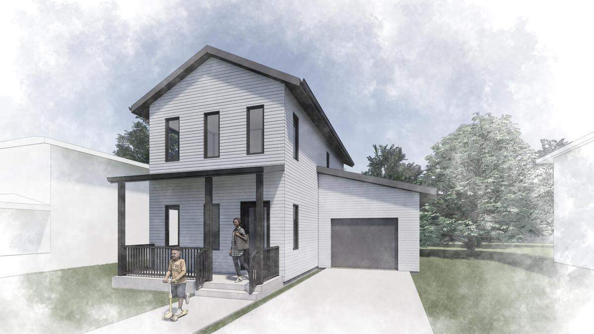 A rendering of a pre-approved two-story house with a garage design in Kansas City.