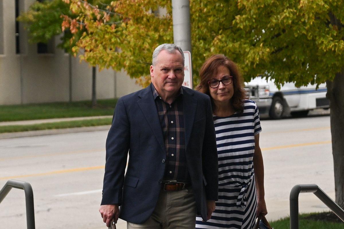 Warren Fairley, left, former international president of the Boilermakers Union, enters the Robert J. Dole Federal Courthouse in Kansas City, Kansas, on Aug. 30, 2024. Four former union officers made their first appearances in federal court after being indicted Aug. 21 on embezzlement and other felony charges.