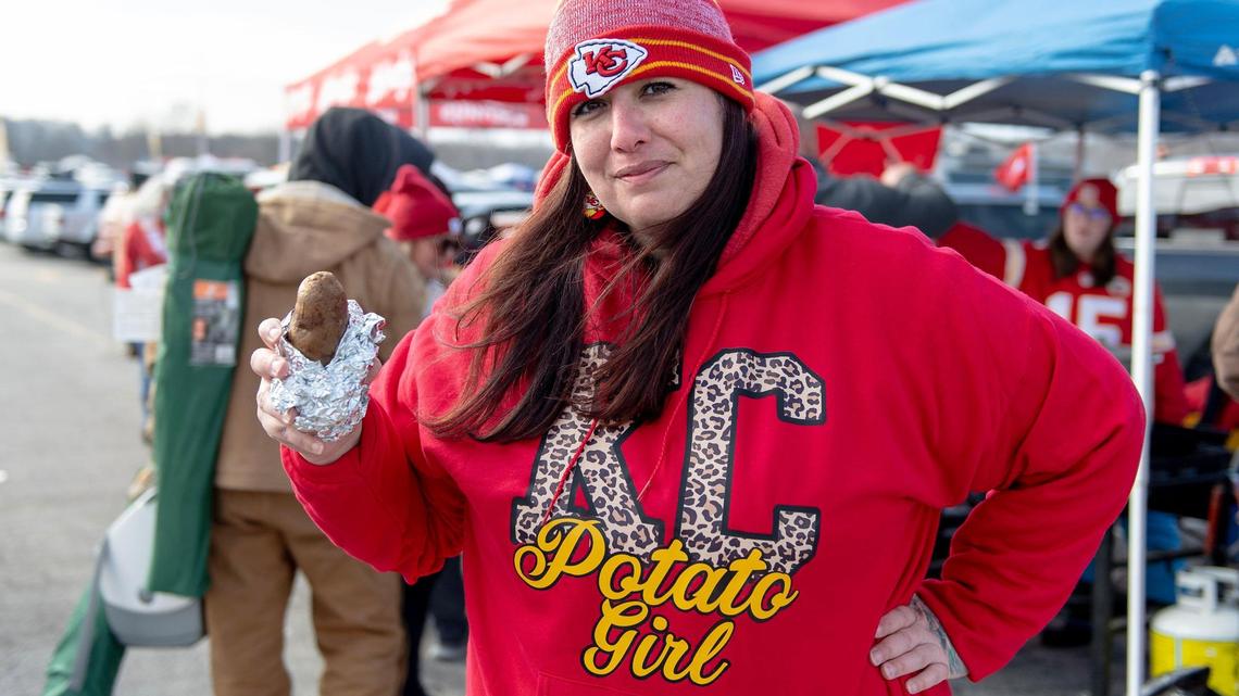 Nicki Conrad, aka “KC Chiefs Potato Girl,” is heading to the Super Bowl, thanks to potato chip maker Lay’s. Here, she hosted a free potato bar outside Arrowhead Stadium before the Kansas City Chiefs defeated the Cincinnati Bengals in the AFC Championship Game on Jan. 29.