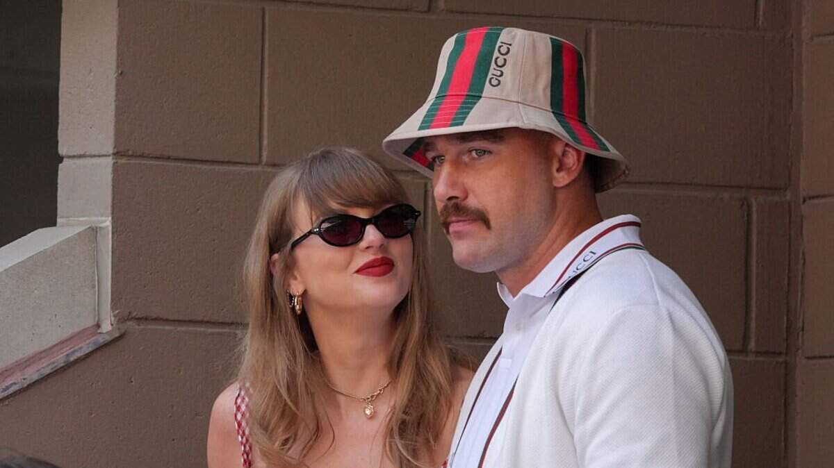 Taylor Swift and Travis Kelce attend the men's final match between Italy's Jannik Sinner and USA's Taylor Fritz on day fourteen of the US Open tennis tournament at the USTA Billie Jean King National Tennis Center in New York City, on September 8, 2024.