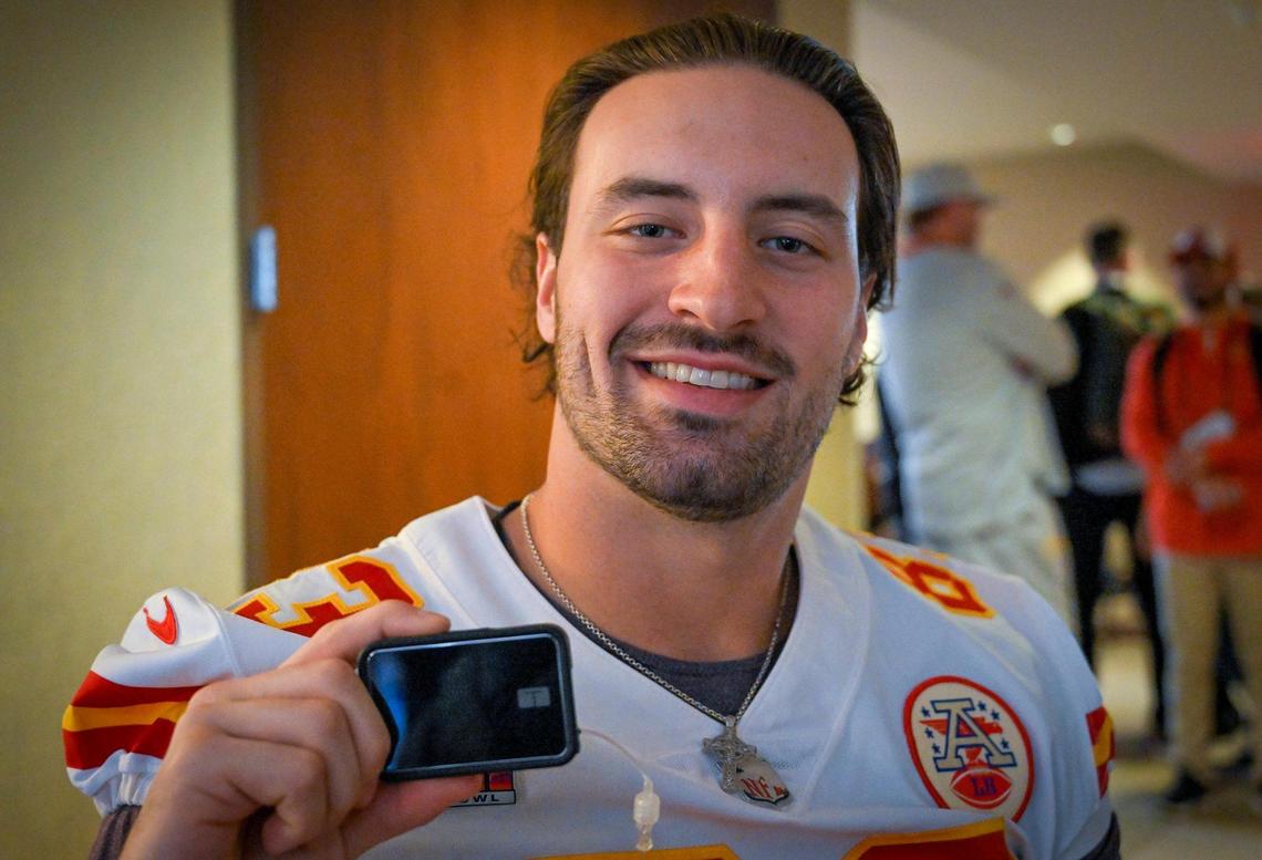 Chiefs tight end Noah Gray, an athlete with type 1 diabetes, explains that he wears an insulin pump (shown) and also a continuous glucose monitor. Gray spoke during the media availability Wednesday, Feb. 8, 2023, at Hyatt Regency Scottsdale Resort & Spa at Gainey Ranch in Arizona.