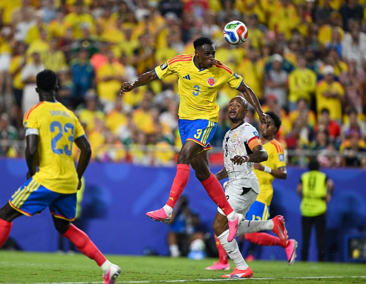Colombia defender Jhon Lucumí (3) heads the ball in the Colombia vs. Ghana 2026 World Cup Round of 32 football match at Kansas City (Arrowhead) Stadium in Kansas City on Friday, July 3, 2026.