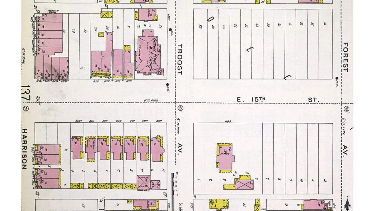 Sanborn Map of Kansas City from 1896, showing Dundee Methodist Church and the empty lots across Troost Avenue where Jack Prince would build his velodrome in 1899.