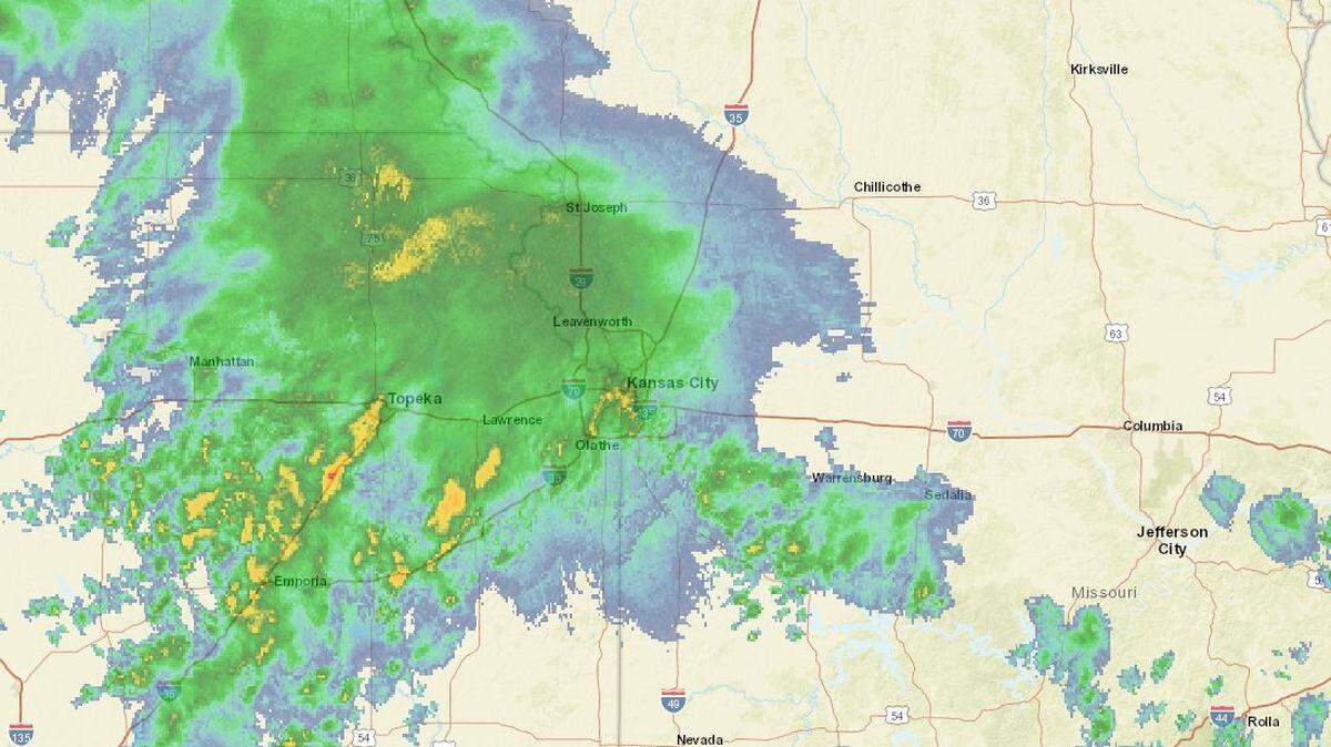 Rain and thunderstorms are expected off and on through most of the day Sunday, May 16, 2021 in the Kansas City metro area. A weather radar shows the storm system at 8:36 a.m. Sunday.