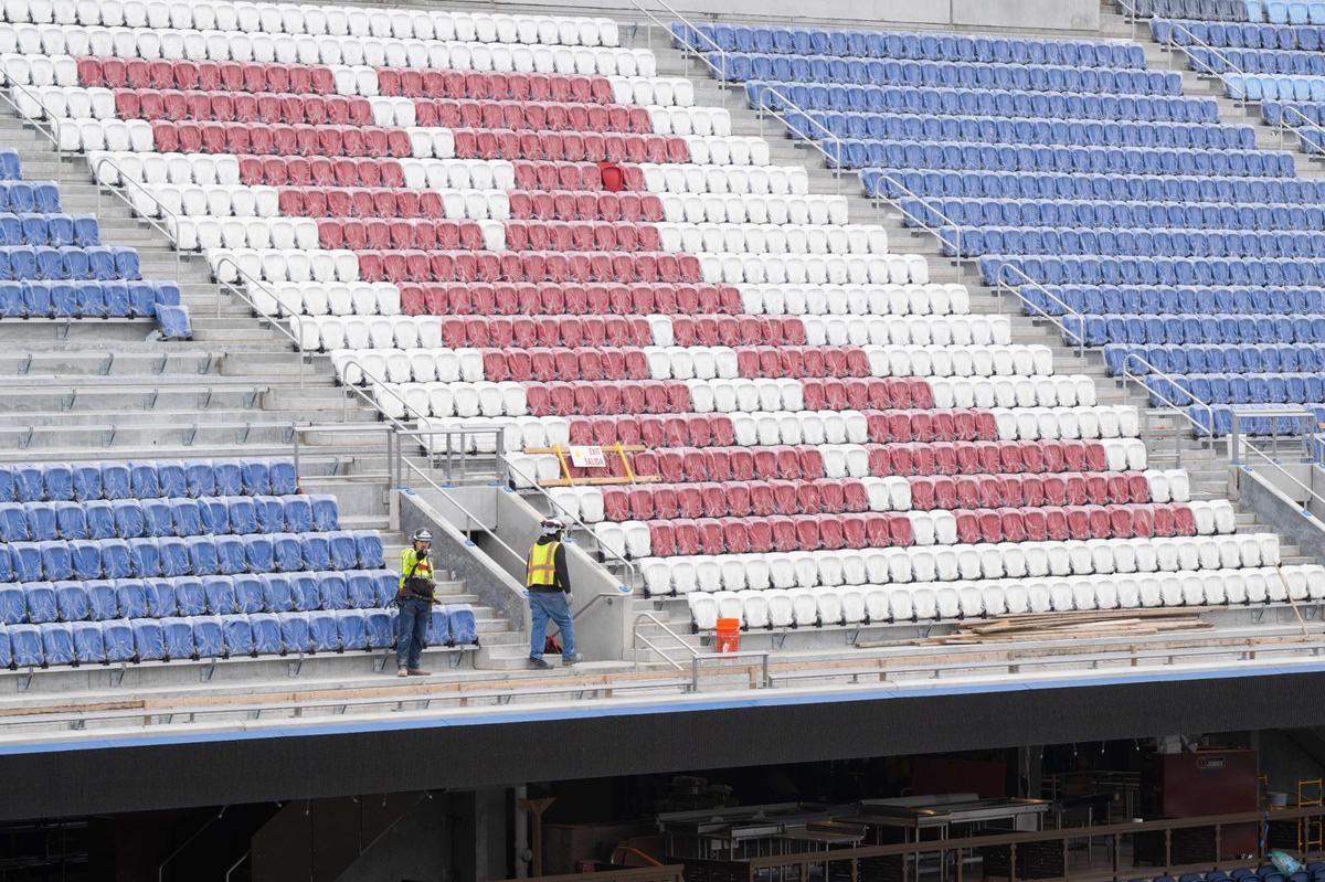 A new section of David Booth Kansas Memorial Stadium in Lawrence that has red seats in the shape of a “K” on Friday, April 25, 2025.