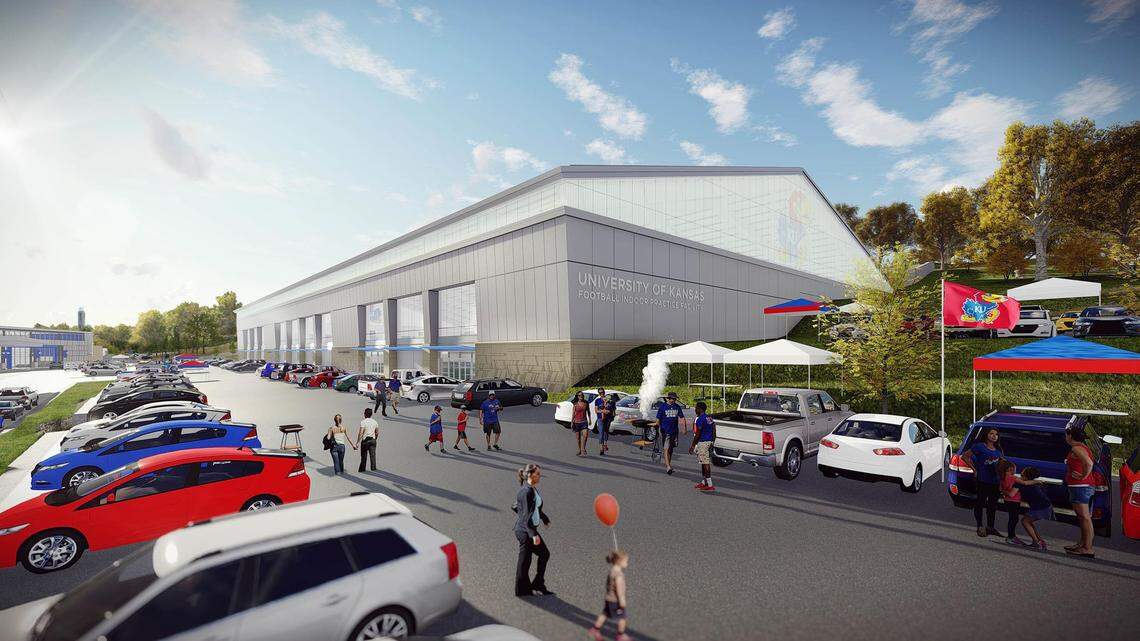 An artist's rendering of KU's $26 million indoor football practice facility that is set to be completed by late fall 2018.