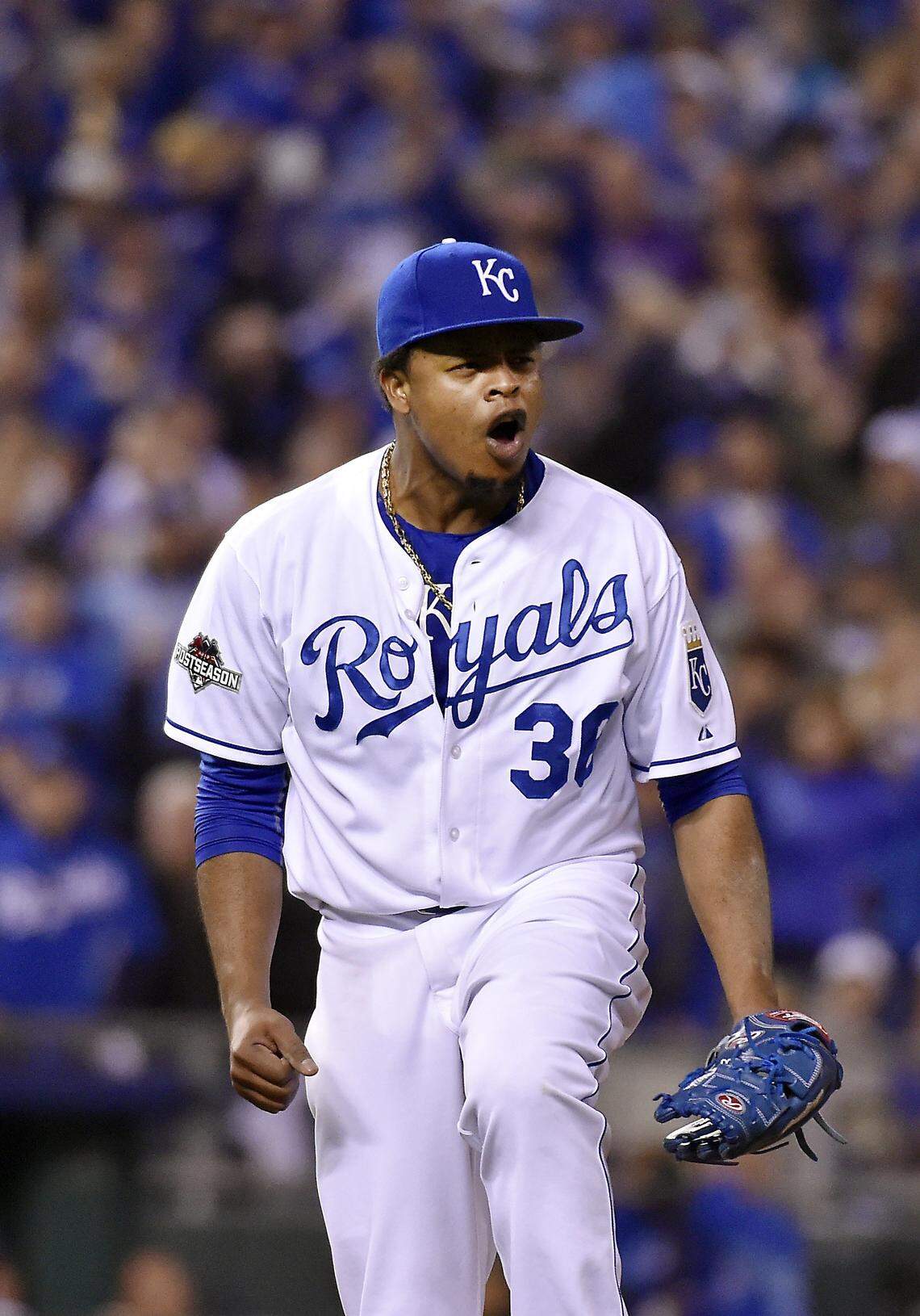 Kansas City Royals starting pitcher Edinson Volquez was fired up after he walked off the field to finish the top of the sixth inning during Friday’s ALCS baseball game on October 16, 2015 at Kauffman Stadium in Kansas City, Mo.