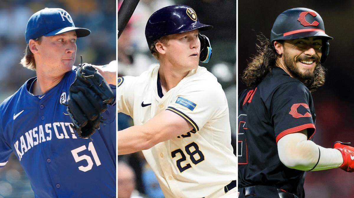 The Kansas City Royals on Friday announced that they’d traded pitcher Brady Singer, left, to the Cincinnati Reds for infielders Joey Wiemer, middle, and Jonathan India.
