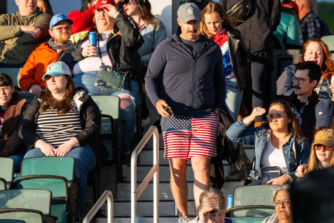 A fan wearing American flag shorts walks back to his seat at the USA vs. Canada rugby match at CPKC Stadium on Friday, May 2, 2025. Canada won the match 26-14.