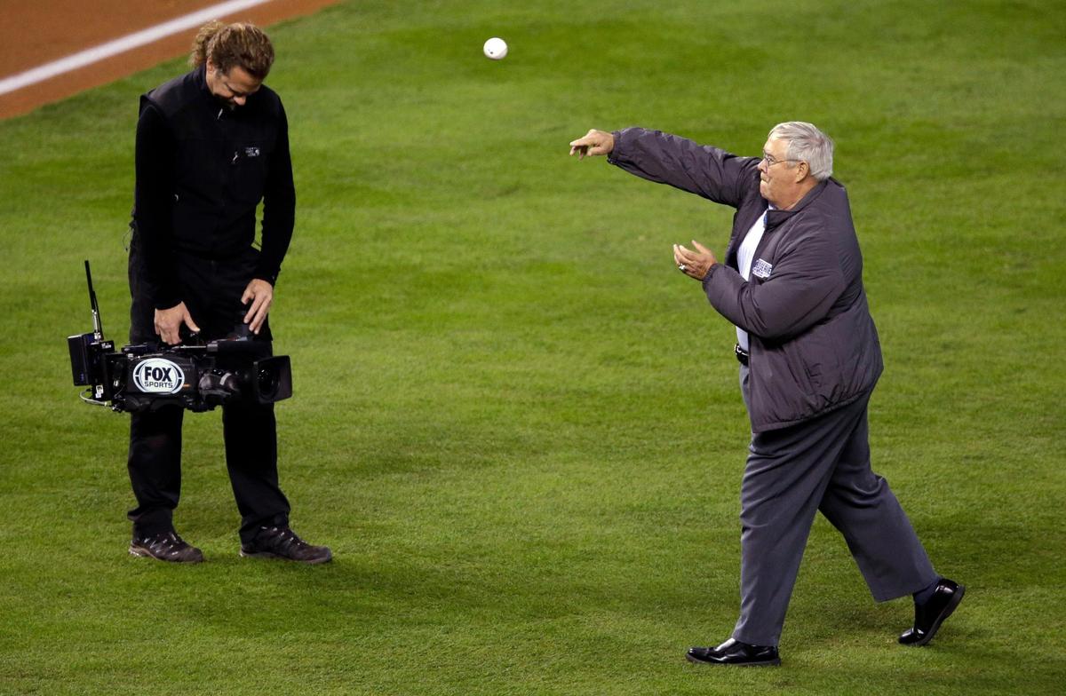 Retired Lt. Col. Charles Hagemeister, a Medal of Honor recipient, threw out the ceremonial first pitch before Game 6 of the 2014 World Series between the Kansas City Royals and the San Francisco Giants in Kansas City.