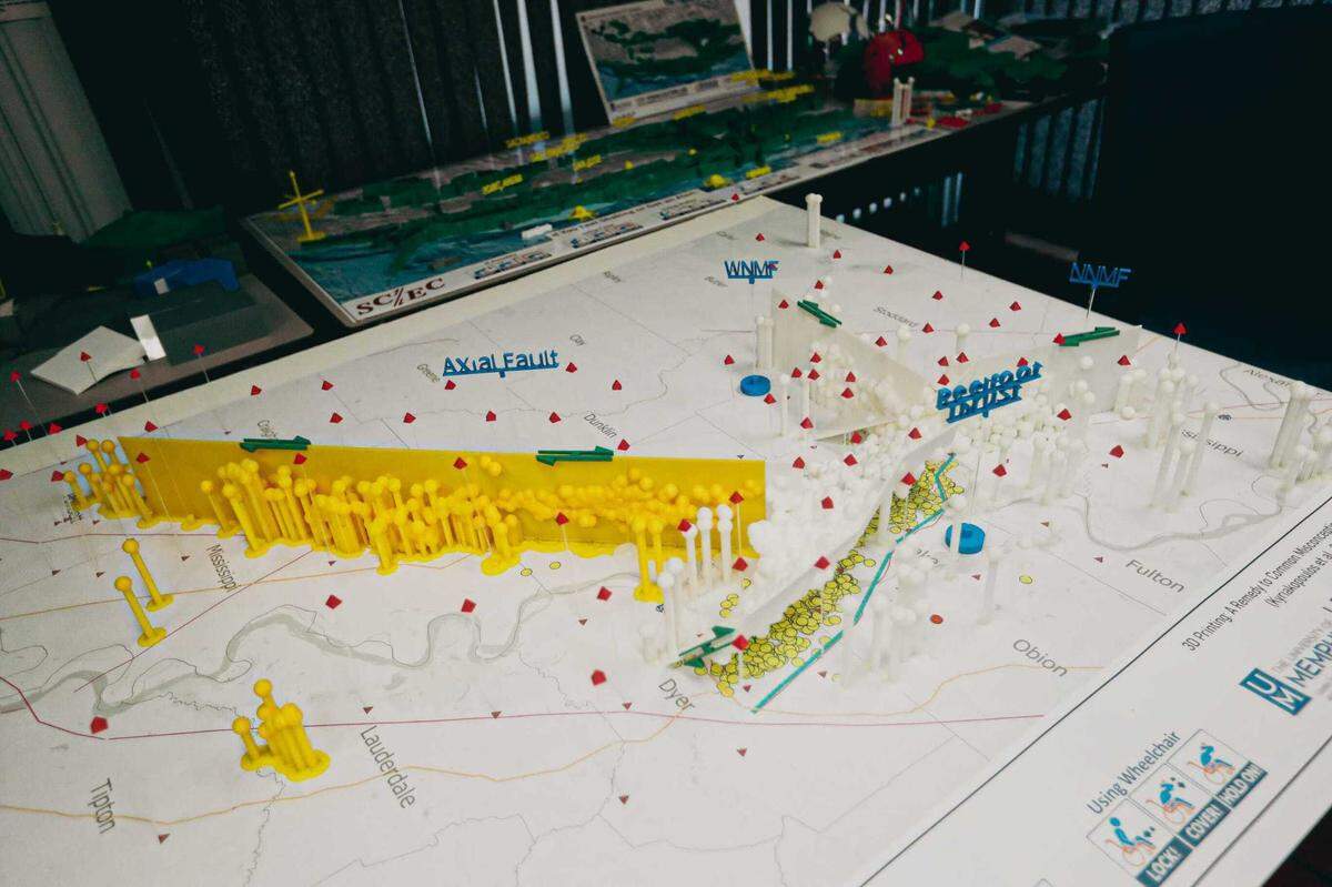 A 3-D printed display of the fault lines in located in New Madrid is seen during a presentation at the University of Memphis’ Center for Earthquake Research and Information.