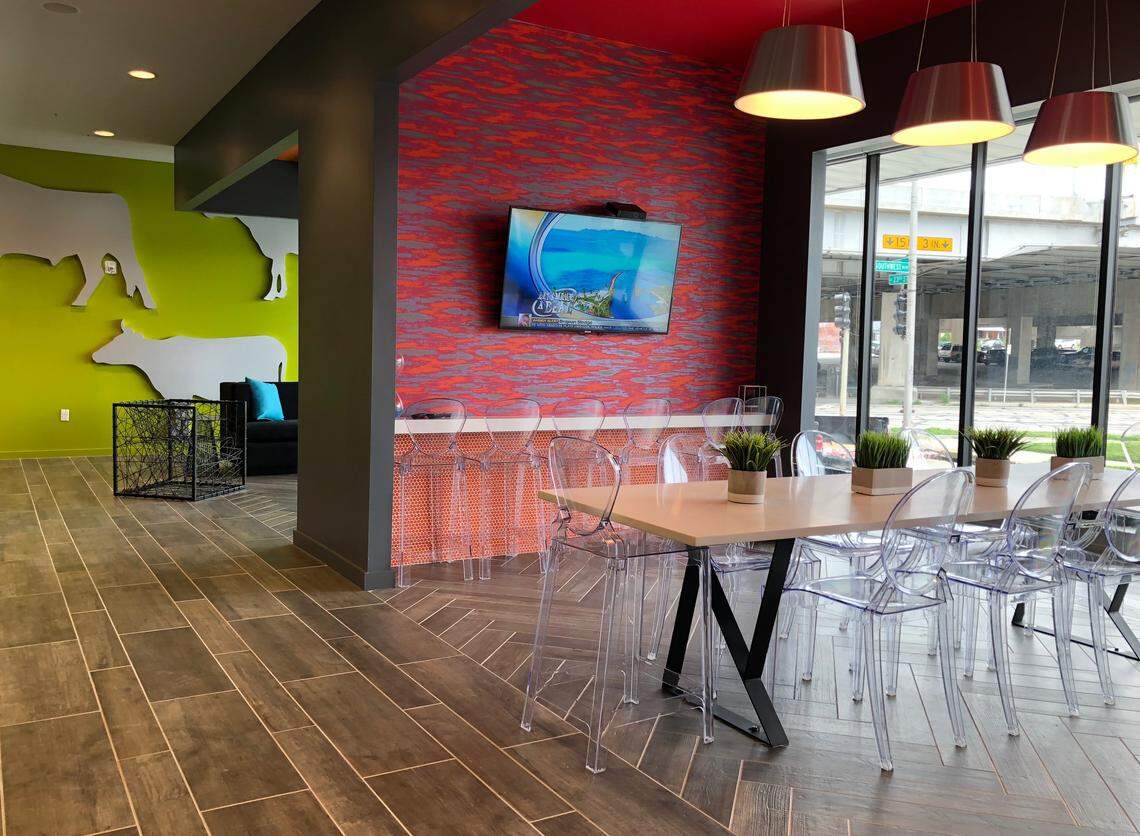 Interstate 35 and Southwest Boulevard are visible from the colorful lobby at Crossroads Westside Apartments, located at 601 Avenida Cesar E Chavez.