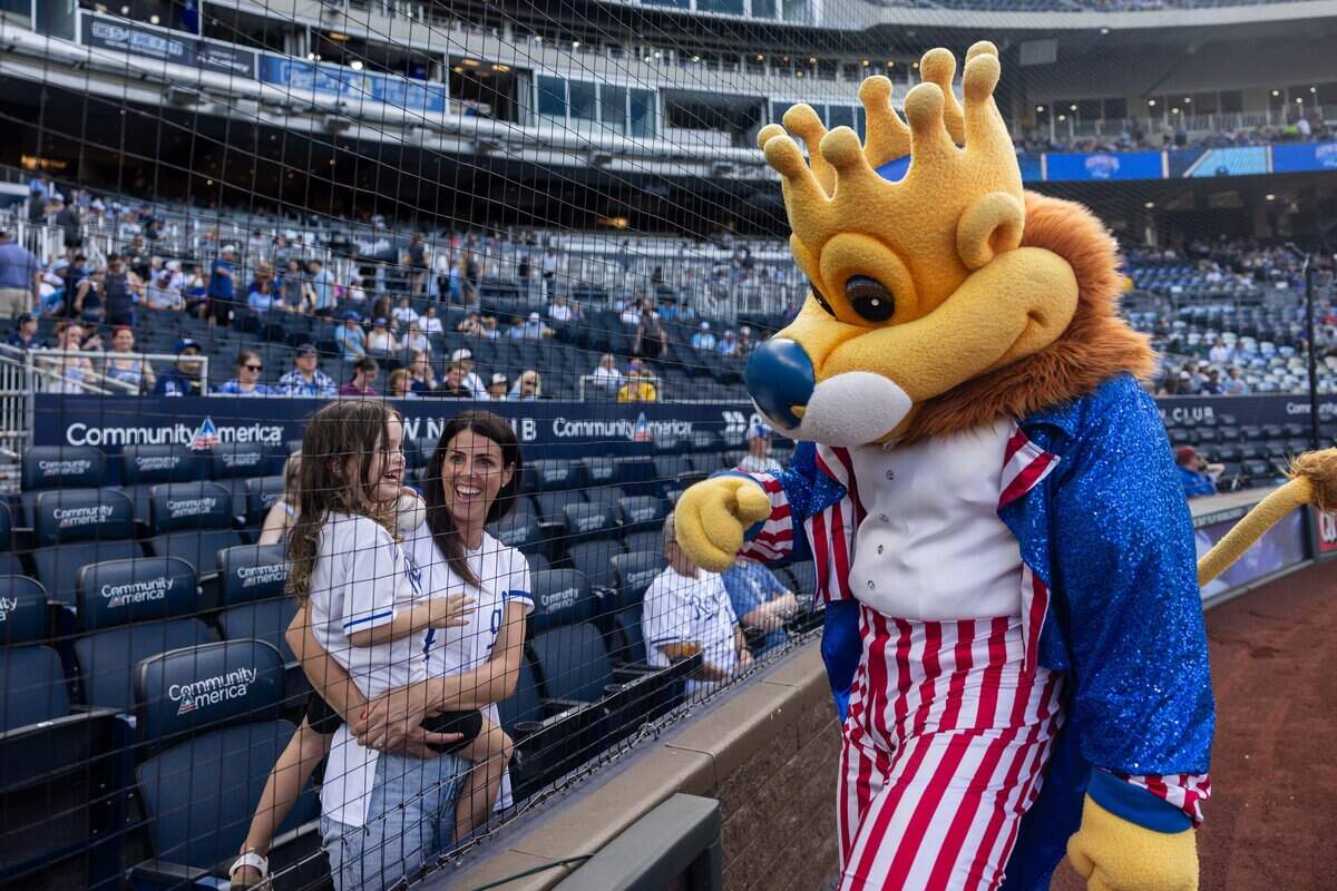 Royal's Mascot Sluggerrr says hello to fans during Thursday's Armed Forces Night game at Kauffman Stadium on Thursday, July 2, 2026. The Tampa Bay Rays came out on top over the Royals with a final score of 5 to 2.