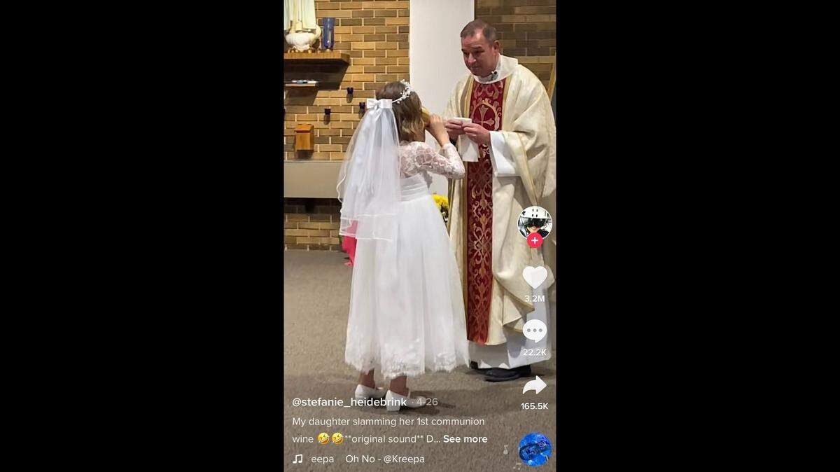 The 7-year-old has become a viral sensation after her first Communion.