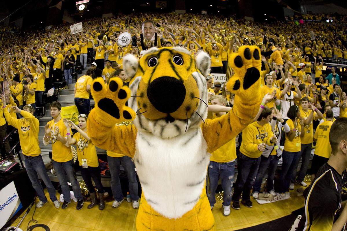 Truman the Tiger pumps up the crowd before a game between the Missouri Tigers and the Kansas Jayhawks the first half at Mizzou Arena on February 4, 2012, in Columbia.