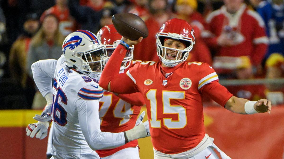 Kansas City Chiefs quarterback Patrick Mahomes (15) is pressured by Buffalo Bills’ Leonard Floyd (56) during the second half against the Buffalo Bills game on Sunday, Dec. 10, 2023, at GEHA Field at Arrowhead Stadium. Buffalo defeated Kansas City, 20-17.