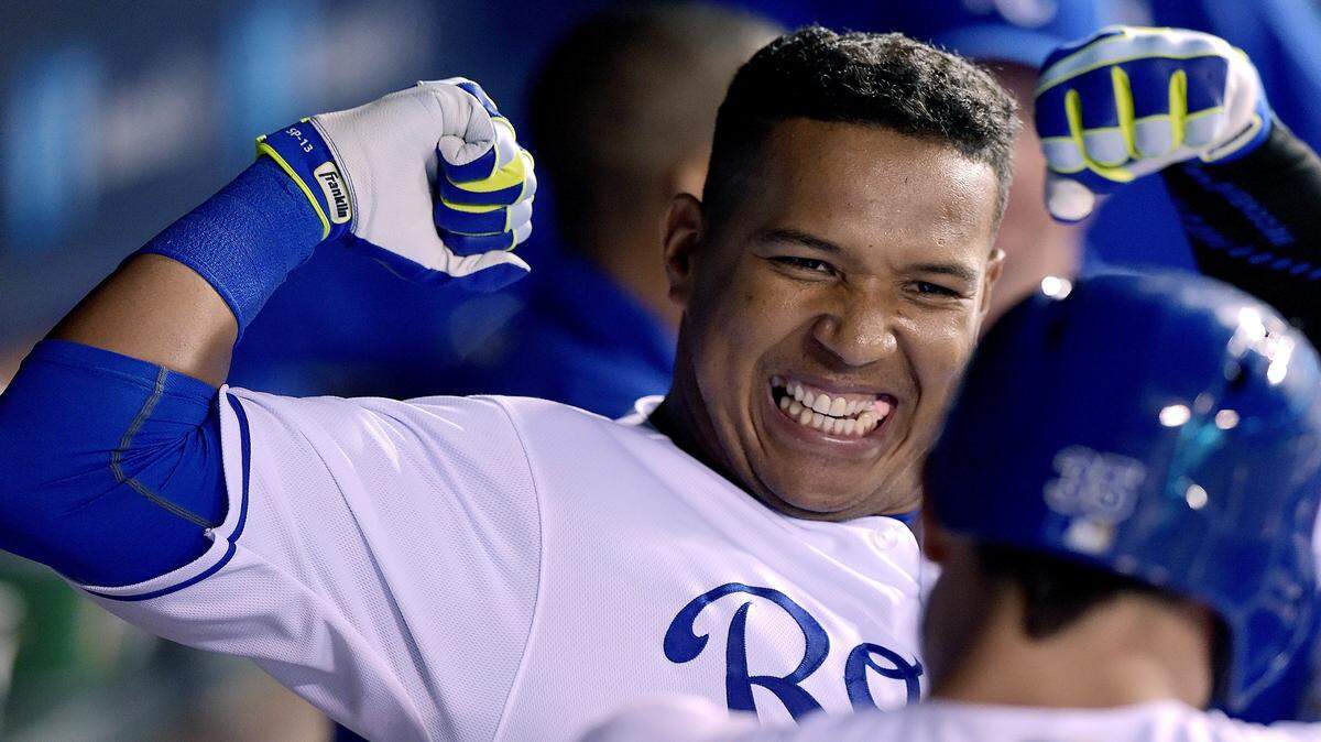 Kansas City Royals' Salvador Perez celebrates his three run home run in the fifth inning during Tuesday's baseball game against the Detroit Tigers on April 19, 2016 at Kauffman Stadium in Kansas City, Mo.