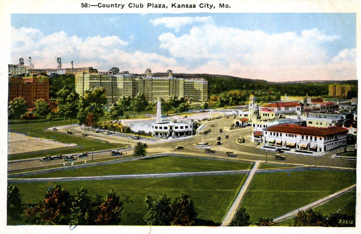 Postcard showing the intersection of 47th Street and Mill Creek Parkway in the 1930s. The white building in the center is the Chandler Landscaping and Floral Company. It was replaced by the Giralda Tower.