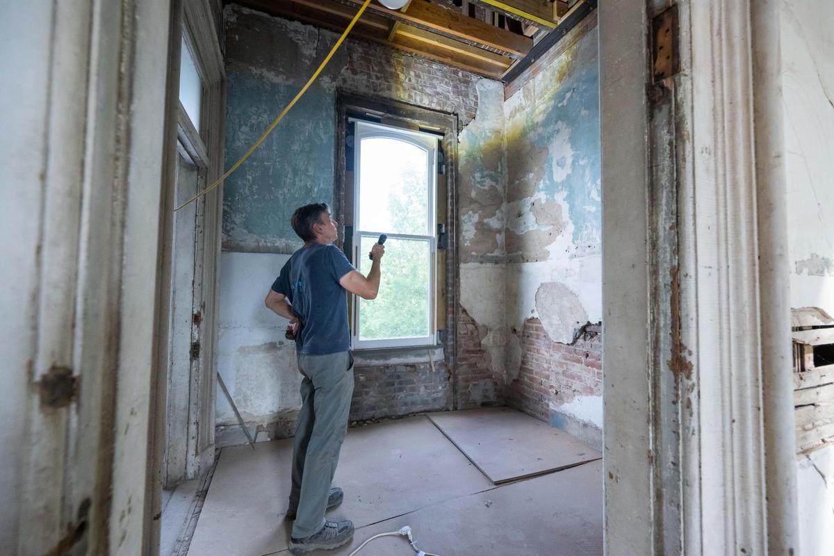 Mike Heitmann, the remodeler of Sauer Castle, a mansion built in the 1800s, on Friday, July 11, 2025 in Kansas City, Kansas. Heitmann says that the neighbors and Wyandotte County officials have been very supportive in his quest to remake this neighborhood landmark.