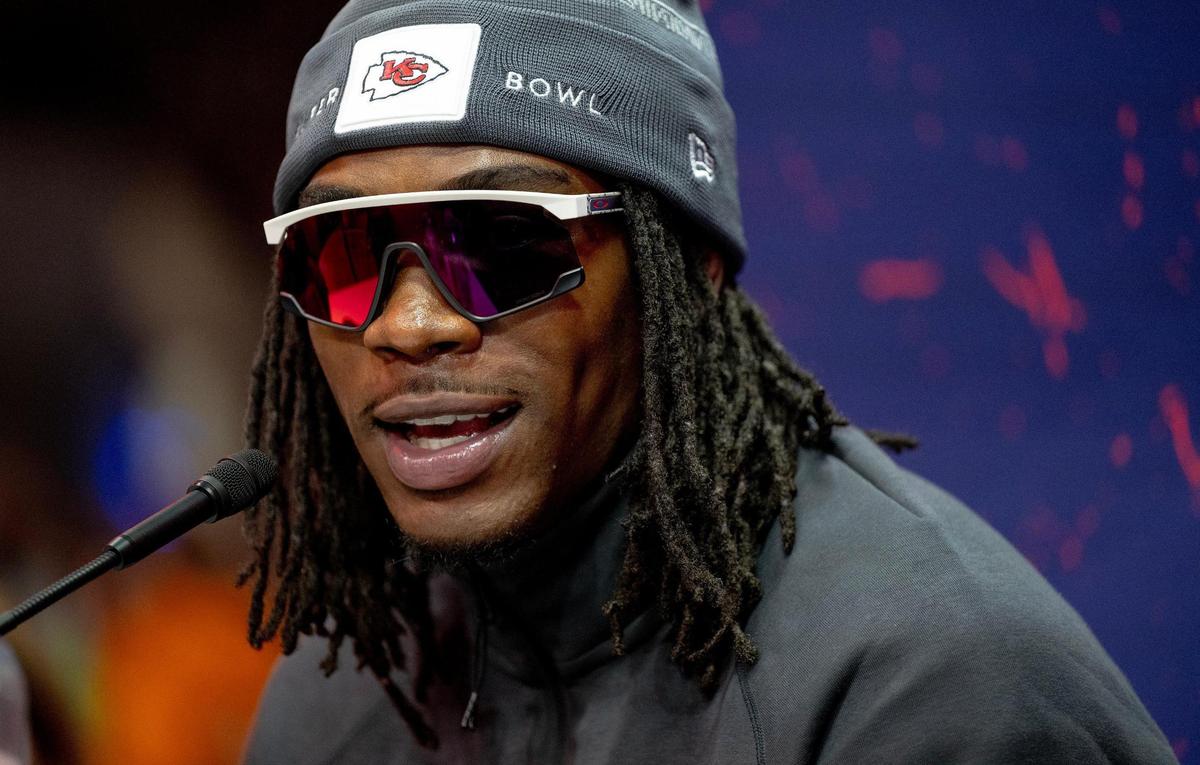 Kansas City Chiefs wide receiver Rashee Rice answers questions during Super Bowl LVIII’s Opening Night event at Allegiant Stadium on Monday, Feb. 5, 2024, in Las Vegas.