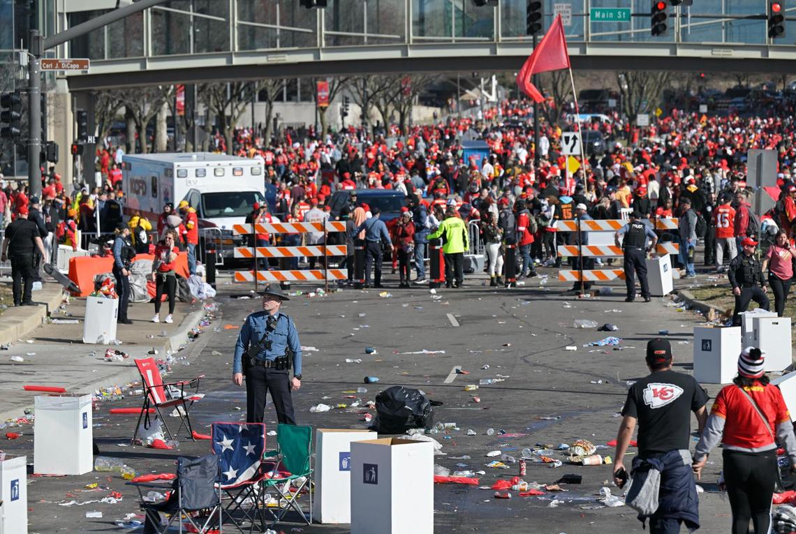 Fans leave the area in front of Union Station after several were people were shot near a rally there after the Kansas City Chiefs Super Bowl LVIII victory parade Wednesday, 2024, in Kansas City.