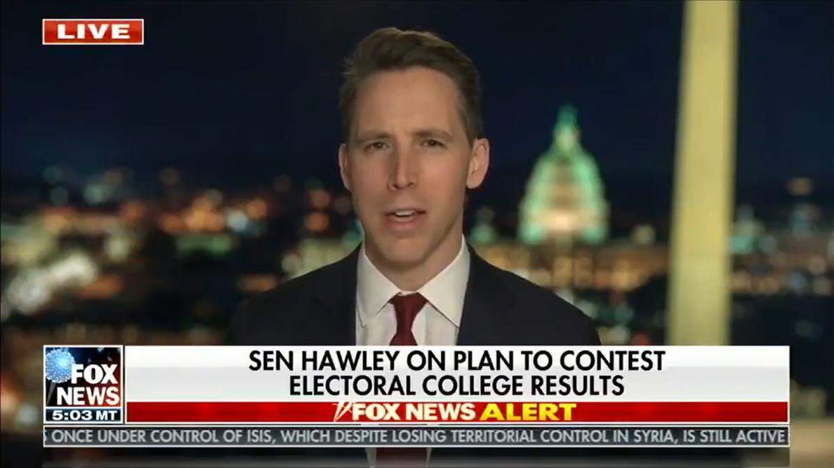 Josh Hawley discusses his plan to object to certification of Electoral College votes on Jan. 6, 2021, on Fox News.