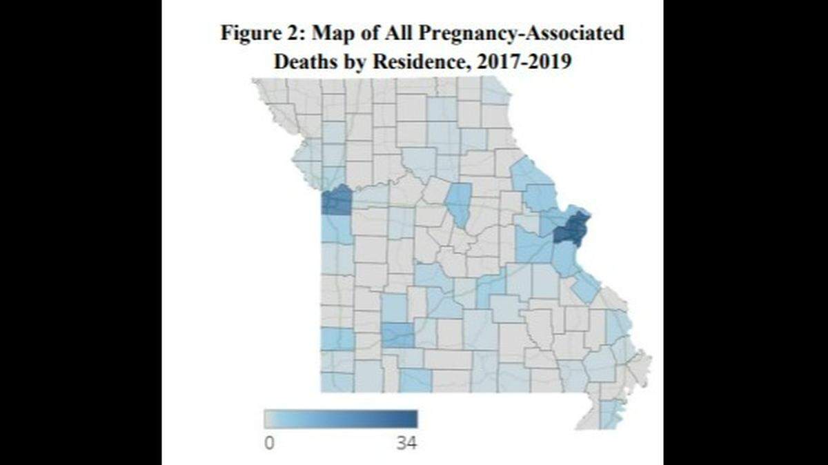 A graphic from the report shows the prevalence of pregnancy-associated deaths in Missouri.