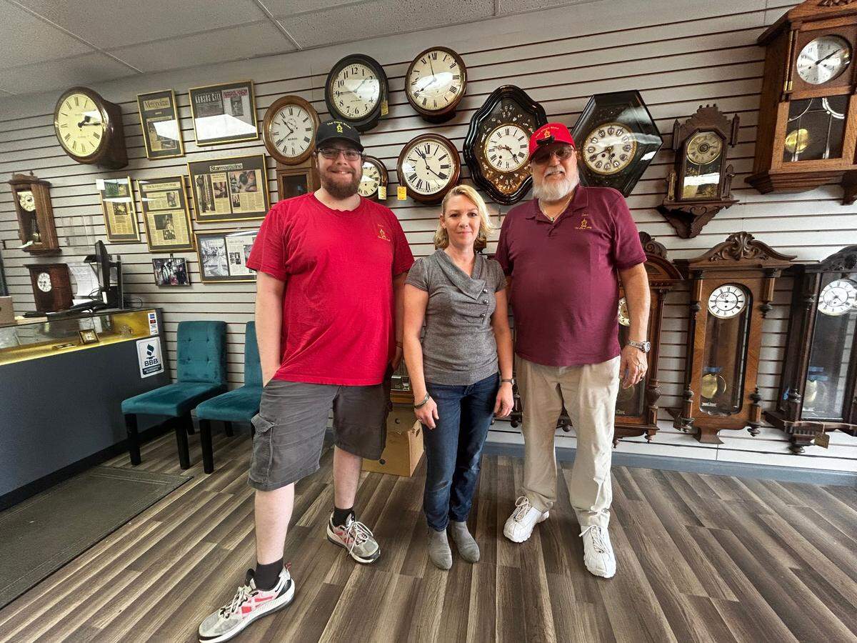 Chris Hutson, Beth Woolsey and Dave Falke keep the clocks ticking at The Clock Shop, in business locally since 1905.